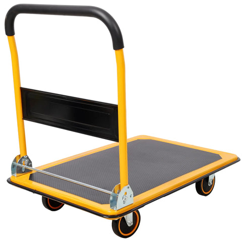 Heavy Duty Foldable Platform Push Cart With 660 Lb Capacity, Steel Construction And Swivel Casters For Smooth Mobility, Your Go To Haul Buddy For Warehouse, Garage Or Home Workshop. Yellow steel 35.8 x 24 in foldable platform cart with handle.