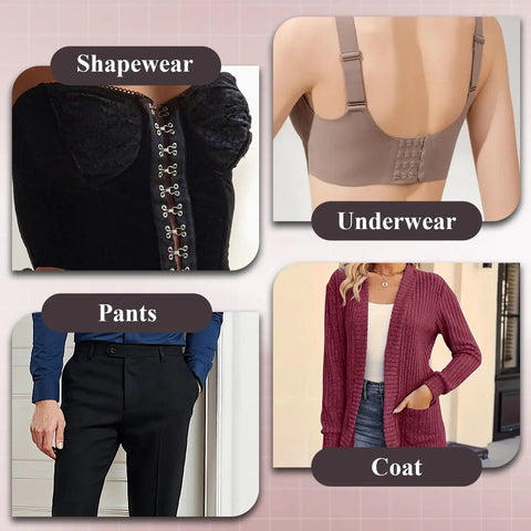 Collage showing shapewear with hooks, underwear, tailored black pants, and a red knitted coat.