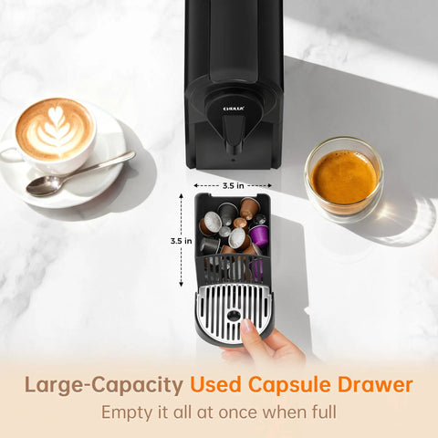 Top view of Upgrade Bafe Pro Espresso Machine for Nes Original Pods with open capsule drawer, coffee cup, and espresso shot on table.