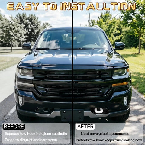Before and after installation of Chevy Silverado 1500 And GMC Sierra 1500 Tow Hook Cover, Custom Extended White Tow Hitch Cover For 2007 2026 Silverado 1500 And 2007 2018 Sierra 1500, Not For Vertical Tow Hooks, Easy Install, Rugged Truck Style Accessory