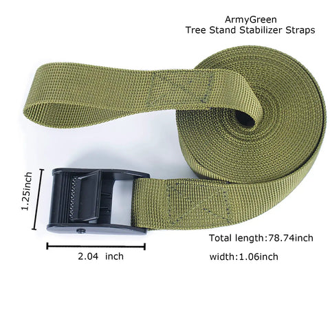 Army green Tree Stand Stabilizer Straps with black buckle, durable nylon webbing, 78.74 inches long, 1.06 inches wide, for hunting use.