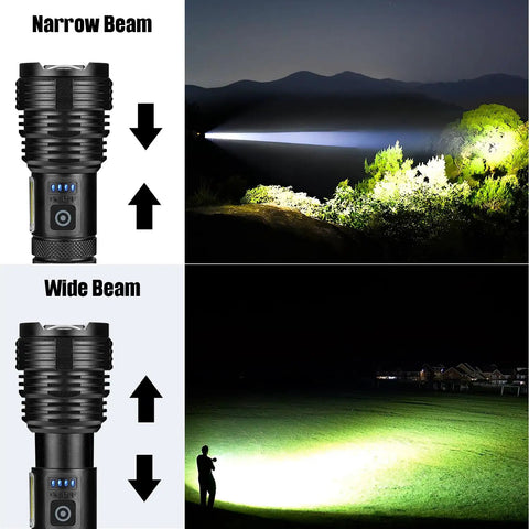 Rechargeable LED Flashlight 2 Pack Ultra Bright 99,000 Lumens showing narrow and wide beam modes in outdoor settings