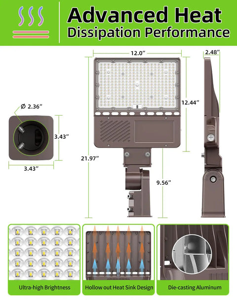 UL Listed LED Parking Lot Light 150W With Photocell And 22500 Lumens with detailed dimensions and heat dissipation features