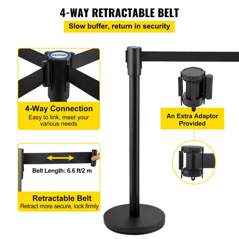 Four Piece Pro Grade Crowd Control Stanchion Set With 6.6 Ft Retractable Belt Black Barrier With Concrete And Metal Base Built To Last Easy Connect Assembly showing 4-way connection and adapter