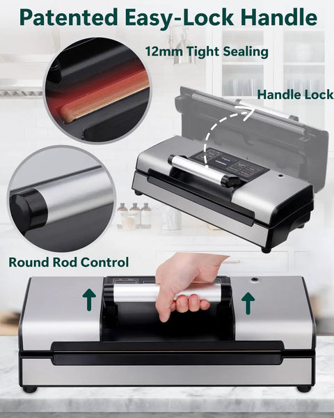 Heavy Duty Vacuum Sealer Machine With Eight In One Functions for dry and moist food preservation showing easy-lock handle and controls