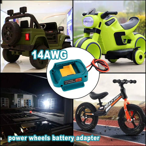 Beefy Battery Adapter Wheel For 18V LXT Li Ion Packs With 14 Gauge Wire Connector and power wheels in use