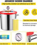 Professional 1.5 Gallon Vacuum Degassing Chamber With Heavy Duty Copper Pump For Bubble Free Resin Casting And Silicone Molding Solid Aluminum Tank Boss Level Easy As Pie Operation with stainless steel construction and precise vacuum gauge.