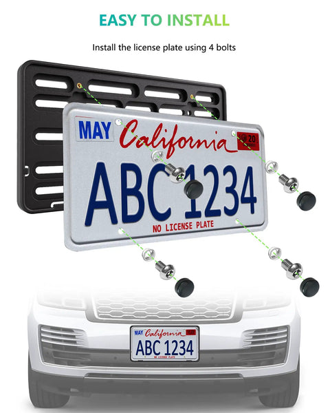 Front License Plate Bracket Mounting Kit For Bumpers With Anti Theft Hardware And Stainless Steel Zip Ties 4 Hole To 2 Hole Adapter JDM To US Compatible Easy Install For Cars displaying installation on car bumper