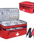 Red ALSLEA large first aid bag with shoulder strap, front view, 16x9.5x7 in, opened with organized medical supplies.