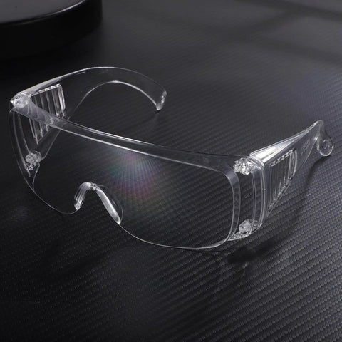 Six Pair Set Top Shelf protective Safety Glasses With smart Vitilated Wraparound Frames Antifu light Side Shields And heavy duty Grip For Hard Hat Sites That Really Slaps, clear frame view from side.