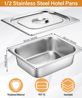 Eight Piece Stainless Steel Hotel Pan Set With Lids, 4 Inch Half Size Steam Table Pan dimensions and features display