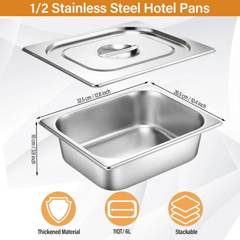 Eight Piece Stainless Steel Hotel Pan Set With Lids, 4 Inch Half Size Steam Table Pan dimensions and features display