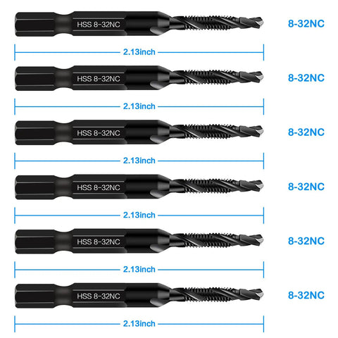Six Piece 8-32NC Combo Drill Tap Countersink Bit Set SAE High Speed Steel with 1/4 Inch Hex Shank, anti-rust coating