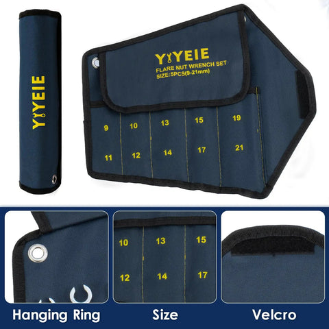 Roll-up pouch for Flare Nut Wrench Set Metric Five Piece For Brake Lines, Fuel Lines, Crafted From Chrome Vanadium Steel, 9-21mm.
