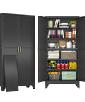 Tall Black Metal Storage Cabinet With Two Doors And Five Adjustable Shelves For Garage And Workshop, Heavy Duty Steel Tool Closet For Home Office Kitchen Pantry File Storage, open with organized shelves
