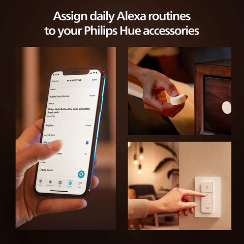 Hand holding Hue Smart Dimmer Switch Remote White 1 Pack with app screen showing Alexa routines setup.