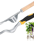 Twin Pack Hand Weeder Tools Kit With V-Shaped Forks Stainless Steel Manual Weed Puller Set for garden, shown with roots
