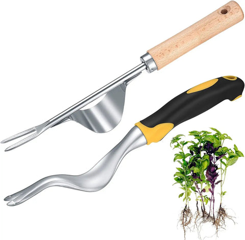 Twin Pack Hand Weeder Tools Kit With V-Shaped Forks Stainless Steel Manual Weed Puller Set for garden, shown with roots