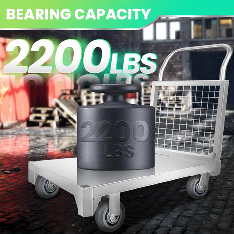 5 In 1 Foldable Flatbed Cart And Heavy Duty Cage Dolly With 2200 Lb Capacity displayed with weight block in warehouse setting.