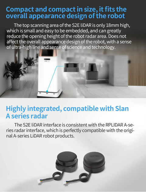 2D LiDAR Sensor S2E 360 Degree Scan 30 Meter Range Ethernet UDP Interface ROS and ROS2 Compatible shown near robot
