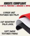 Textured red palm and cut-resistant liner of ANSI A7 Cut Resistant Impact Gloves for Heavy Duty Construction and Demolition Work.