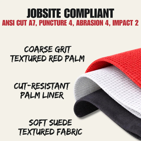 Heavy Duty Cut Resistant Impact Work Gloves ANSI A7 layers showing coarse grit textured red palm, liner, suede fabric