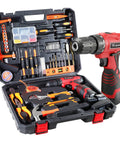 Cordless Drill And 108 Piece DIY Tool Kit With 16.8V Lithium Driver including hammer, pliers, wrenches, and drill bits in a case