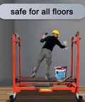 Man on red baker scaffold using Heavy Duty Five Inch Scaffolding Casters Set Of Two Steel Baker Scaffold Wheels for painting.