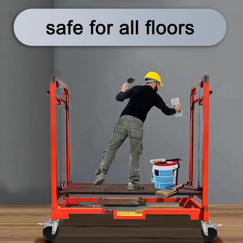 Man on red baker scaffold using Heavy Duty Five Inch Scaffolding Casters Set Of Two Steel Baker Scaffold Wheels for painting.