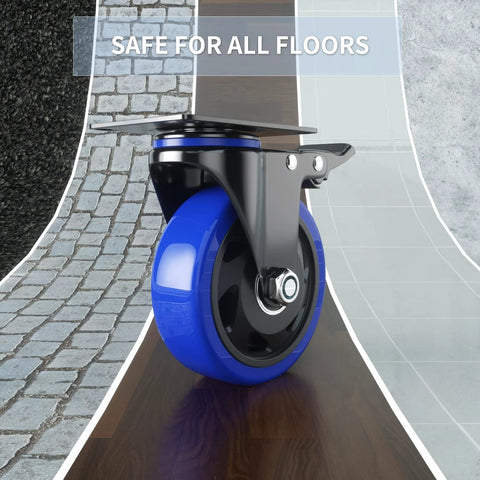 5 Inch Caster Wheels With Safety Dual Locking Heavy Duty Set Of 4, blue polyurethane wheel on various flooring types
