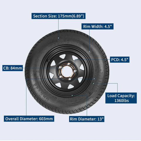 Two Pack Trailer Tire On Rim ST175 80D13 With 13 Inch Rims And Five Lug Pattern Four Point Five Inch PCD Load Range C 6PR Black