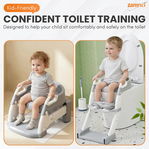 No Sweat Potty Training Setup With This 6 In 1 Foldable Toddler Toilet Seat Featuring A Rock Solid Step Stool Ladder And Adjustable Height For Smooth Sailing Bathroom Trips And Effortless Cleaning Gray White
