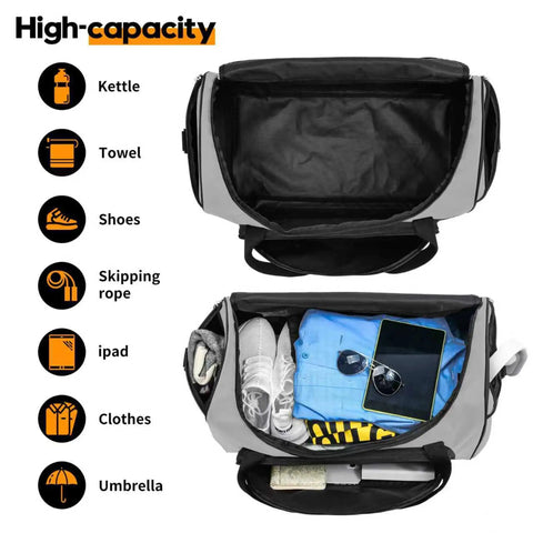 Built Tough 55L Duffle Bag For Men Large Gym Duffel For Workout Sports And Travel Gear Gray With Wide Opening Multi Pocket Organization
