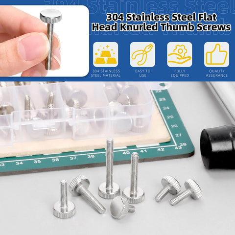 35 Piece M4 Knurled Thumb Screw Set With Seven Lengths 8mm 10mm 12mm 16mm 20mm 25mm 30mm Fully Threaded Round Flat Knurled Head Bolts Shoulder Grip Fasteners For Electronics And Mechanical Projects With Grab And Go Storage Case displayed on a mat with storage case