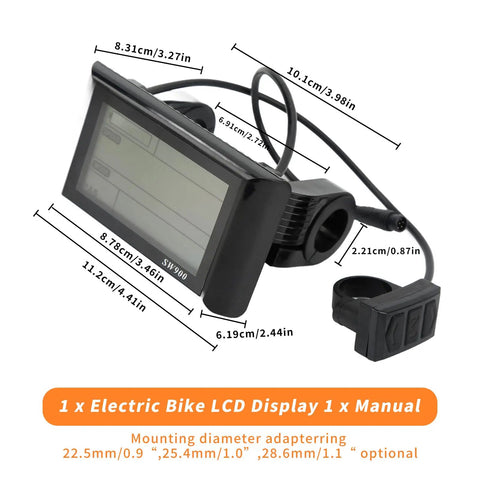 SW900 LCD Display Meter for Electric Bikes and Scooters showing dimensions and mounting options