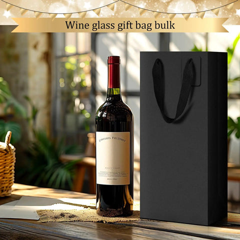 100 Pack Durable Black Paper Wine Carry Bags For Two Bottles Premium Gift Carriers With Free Labels displayed with a wine bottle.