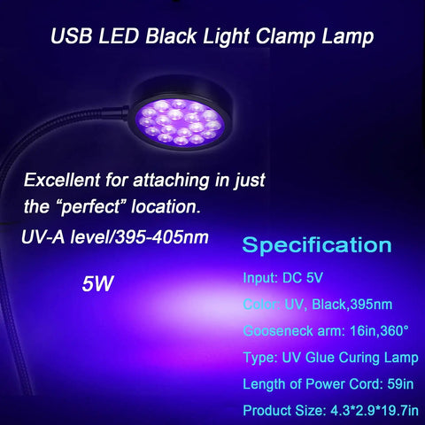 USB Powered UV LED Black Light Clamp Lamp With Flexible Gooseneck Clip 5W 395nm Ultraviolet Glow specifications