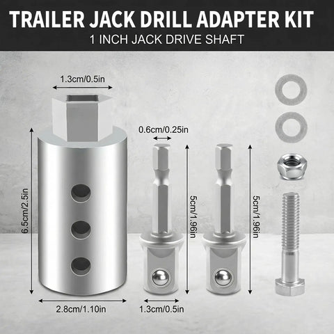 Heavy Duty Trailer Jack Drill Adapter Kit Compatible With 1 Inch Drive Shafts Includes Two Half Inch Socket Bits.