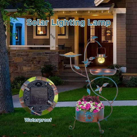 3 In 1 Outdoor Metal Bird Bath With Feeder And Planter Garden Blue Bird Bath With Solar Lights in backyard setup