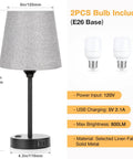 Set of Two Grey Bedside Lamps With USB C Port And AC Outlet 3 Way Dimmable Touch Control Nightstand Lamps with dimensions and bulb specs