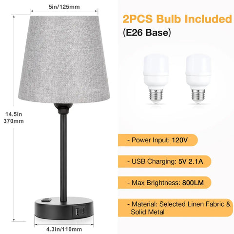 Set of Two Grey Bedside Lamps With USB C Port And AC Outlet 3 Way Dimmable Touch Control Nightstand Lamps with dimensions and bulb specs