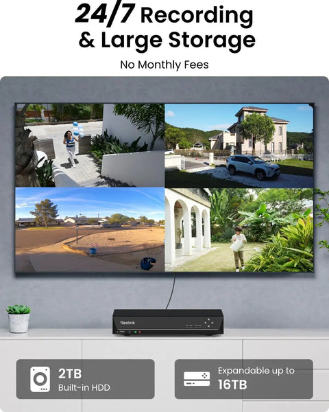 Display showing live footage from 8 Channel 4K PoE Security Camera System with 6 Outdoor Bullet Cameras, Smart Person And Vehicle Detection, 8CH NVR Recorder With 2TB HDD For 24/7 Home Surveillance, H.265, Night Vision Up To 100 Feet.