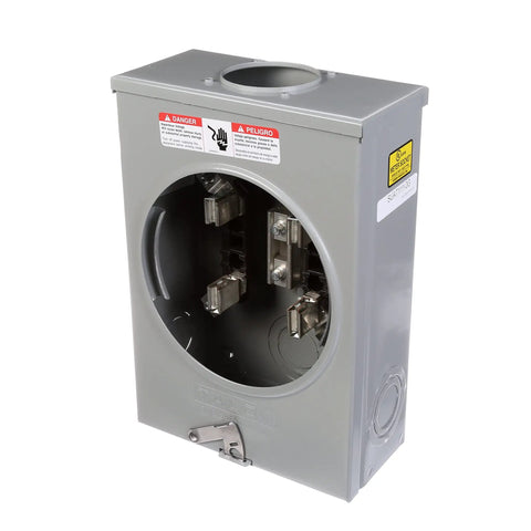 135 Amp Four Jaw Ringless Meter Socket With Ringless Cover For Overhead And Underground Feed, showing silver utility grade build.
