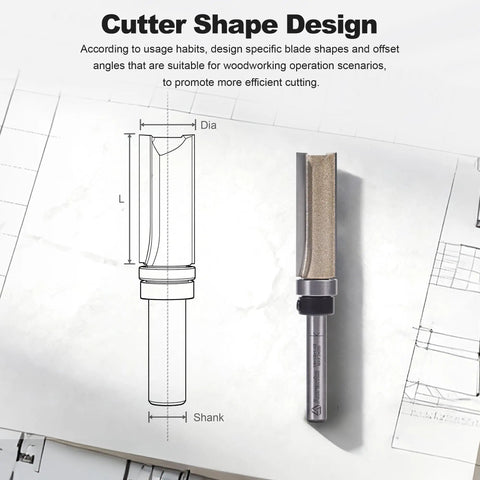 Knockout 4 Pc Top Bearing Flush Trim Router Bit Set With Quarter Inch Shank Premium Solid Carbide Blades displayed with cutter design diagram.