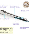 Two Pack 9 Inch And 12 Inch Stainless Steel Kitchen Tongs With Locking Mechanism Brushed Black Finish Ergonomic Grip features diagram