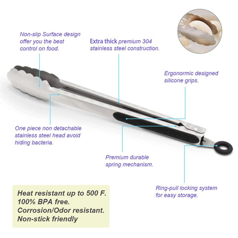 Two Pack 9 Inch And 12 Inch Stainless Steel Kitchen Tongs With Locking Mechanism Brushed Black Finish Ergonomic Grip features diagram
