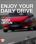Blurry image of a red car on a road with text 'Enjoy Your Daily Drive Whether for Work or Fun' and K&N logo.