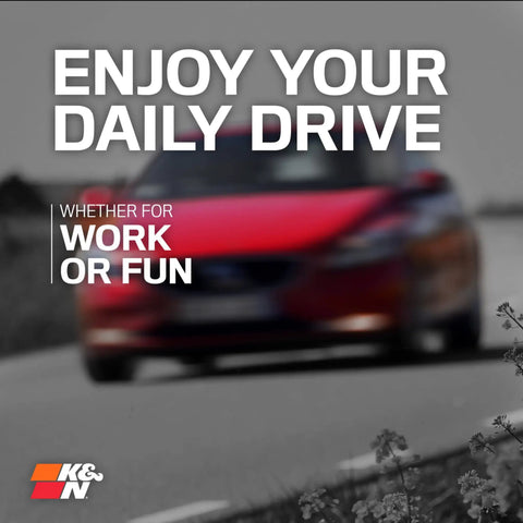 Blurred red car on road with text 'Enjoy Your Daily Drive' promoting High Flow Engine Air Filter For 2016 To 2024 Volvo S60 S90 V60 V90 XC60 XC90 Premium Washable Lifetime Performance Upgrade Beef Up Horsepower And Acceleration Durable Filter Media For Easy Reusable Maintenance.