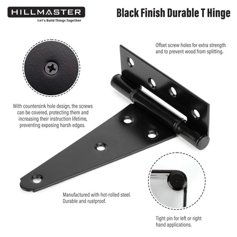 Heavy Duty 6 Inch T Strap Gate Hinges For Shed Doors And Wooden Fences Black Powder Coated side view