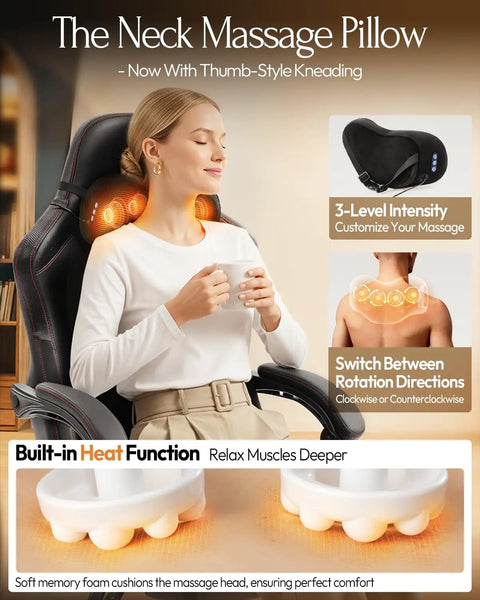 Woman using Gaming Chair With Shiatsu Neck Massage And Lumbar Support, High Back Ergonomic Recliner, leather, home use.
